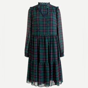 J. Crew - Women’s Tie-Neck Dress - Green, Red, Black Plaid Long Sleeve - Size: S